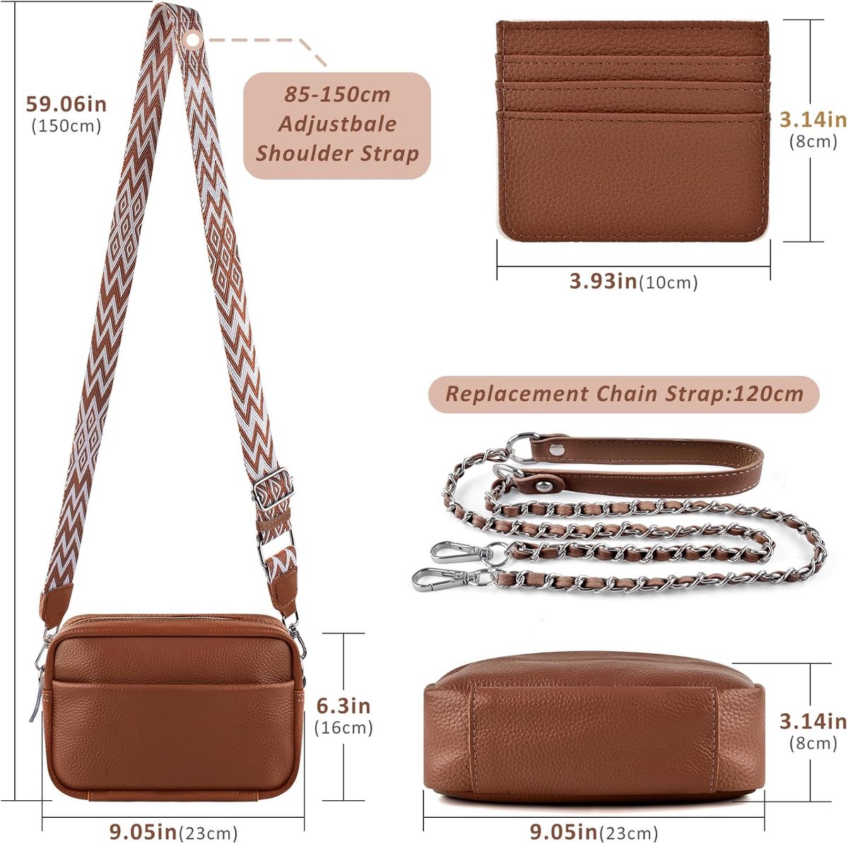 Schoudertas voor mobiele telefoon, echt leer, crossbody tas met 2 brede schouderbanden, kaarthouder, zwarte lederen schoudertas voor dames