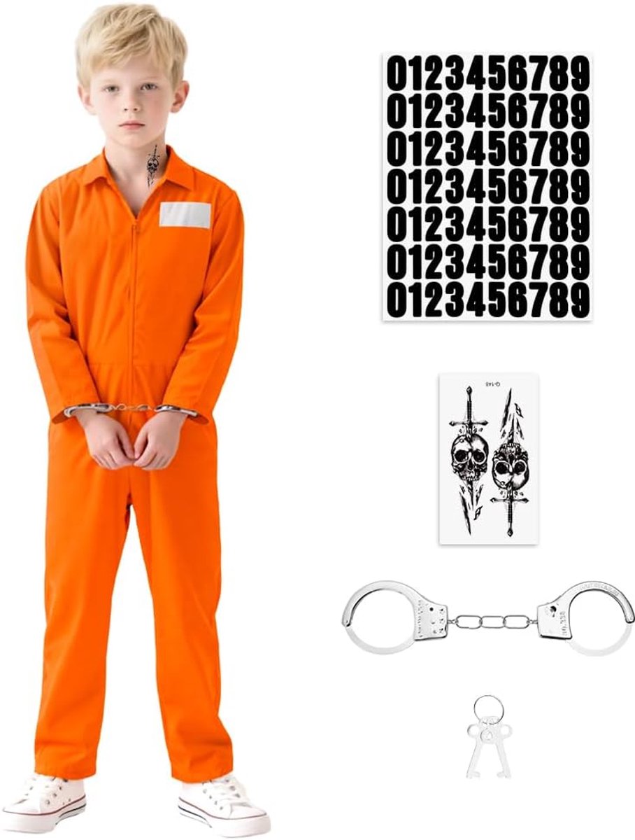 Gevangenenenkostuum voor kinderen, oranje, veroordeelde, gevangenis, uniform, gevangenispak, gevangeniskostuum, gevangeniskostuum, gevangeniskostuum, met handboeien, sticker, veroordeelde