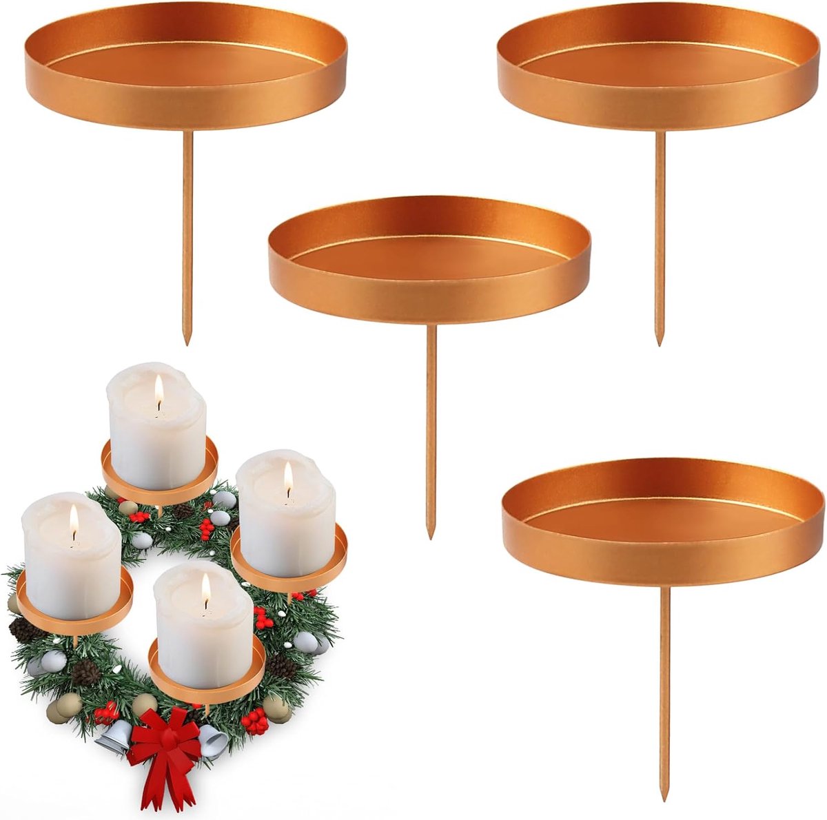 Kaarsenhouder adventskrans, 4 stuks kandelaars goud, 8 cm adventskaarsenhouder metaal, kaarsenhouder om te steken, stompkaarsen, staafkaarsenhouder voor adventskrans, kerstmis, tafeldecoratie (Goud-A)