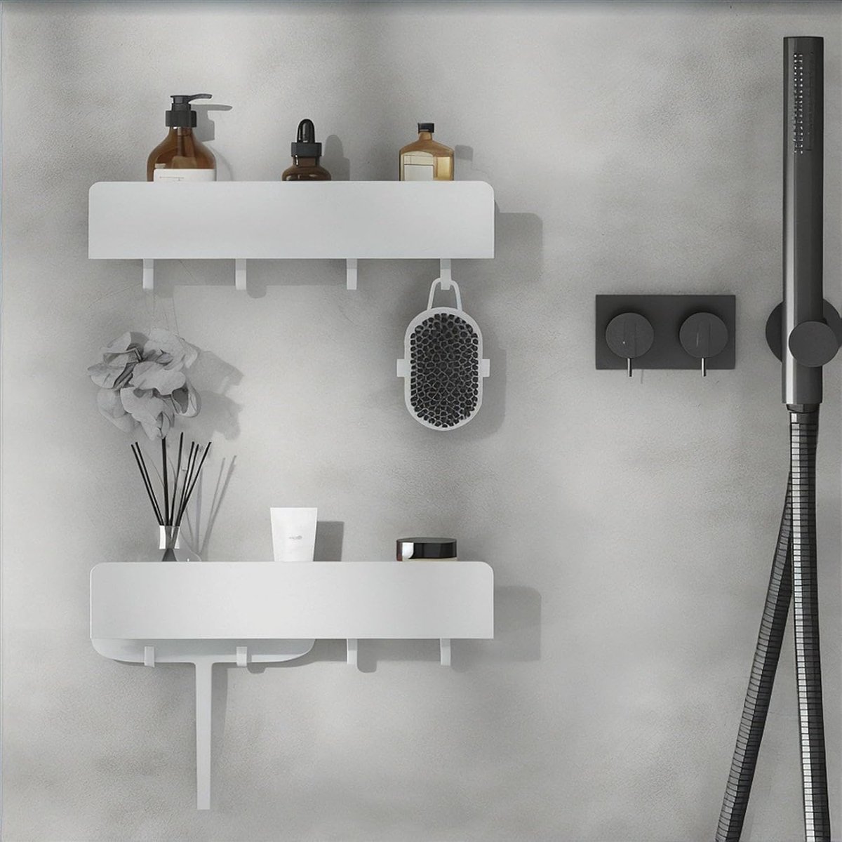 Geen boor douche Caddy Organizer, 40 cm roestvrij staal badkamer opslag met 4 verwijderbare haken, zelfklevende wandgemonteerde doucheplank, roestvrij bad plank voor badkamer keuken woonkamer