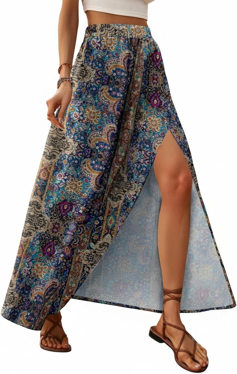 Lange zomerrok voor dames, maxi-rok, elegante rok met split, elastische hoge taille, A-lijn, dunne strandrok, S-XXL