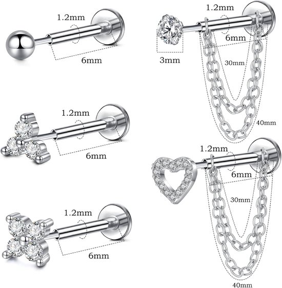 16G Platte Achterkant Stud Oorbellen Push in Kraakbeen Studs Ketting Oorbel Voor Vrouwen Rvs Hypoallergene Threadless Tragus Oorbellen Piercing Sieraden — afbeelding 5