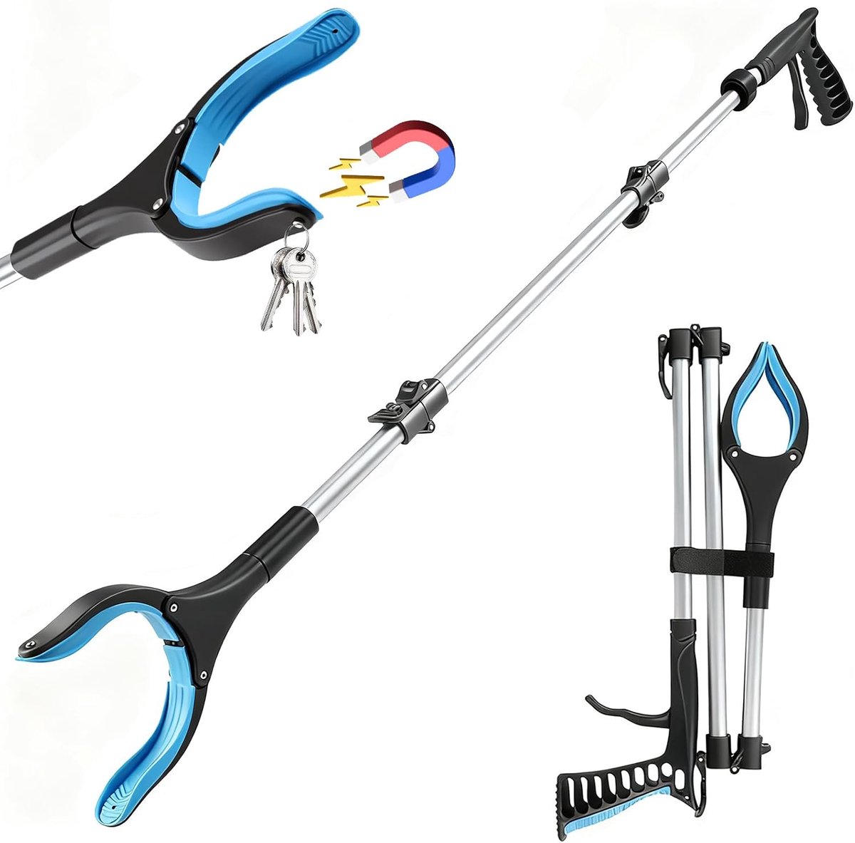 Grijptang voor senioren, 110 cm, vuilnisgrijper, tang met telescoopsteel, afvaltang, opvouwbaar met magneet, voor senioren, gehandicapten, zwangere vrouwen, afvalverzameling, tuin, blauw
