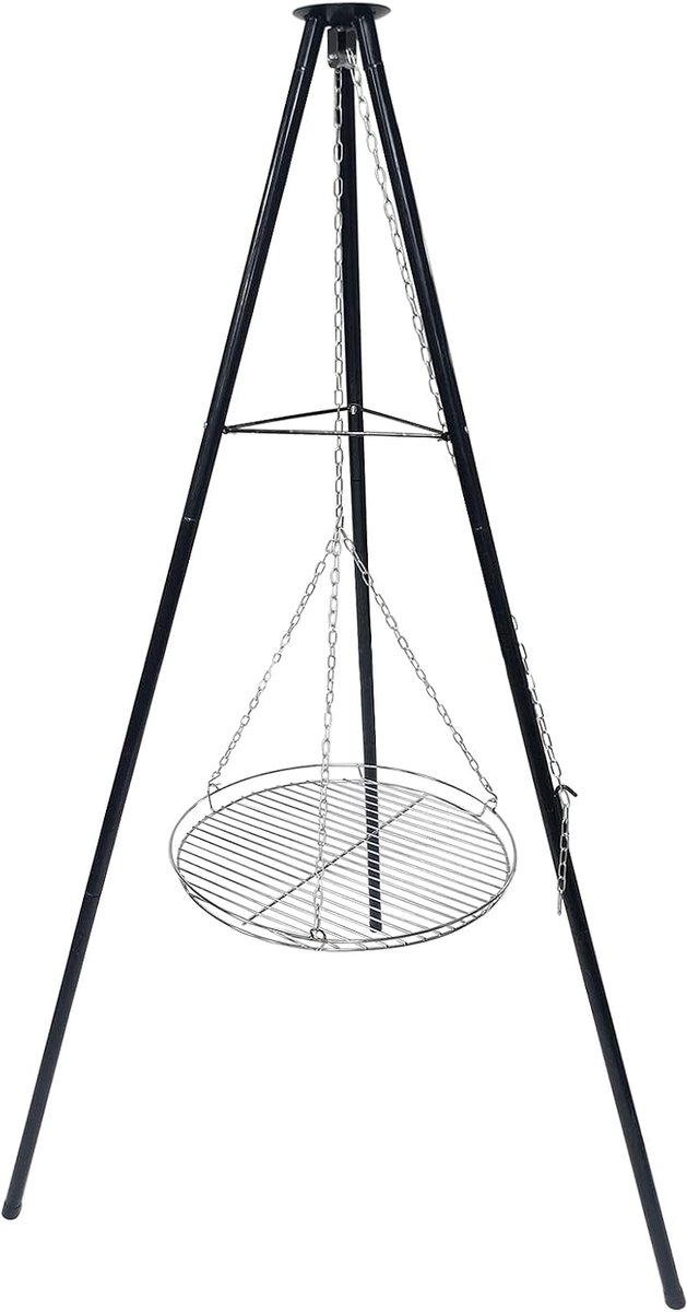Grillframe met grillrooster, staafafstand, zwenkgrill, touwwervel, driepoot, telescopische grillstandaard, koken in de open lucht, statief, inklapbaar, kampvuur, grillrooster, camping, groot