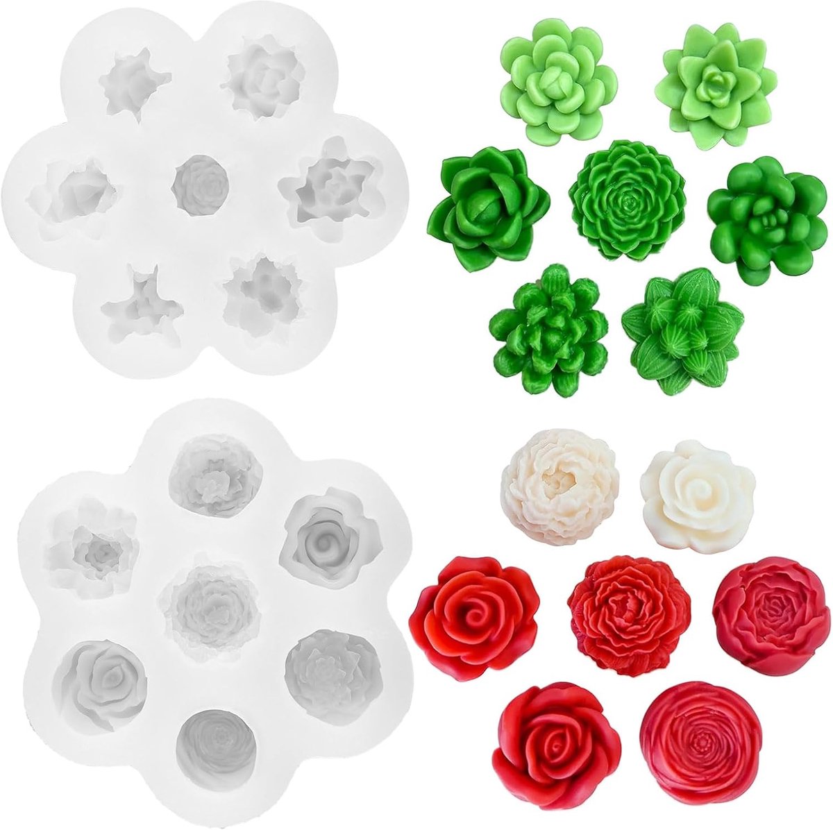 14-delige siliconen vorm, vetplanten, 3D-kaarsvorm, bloemen, gietvormen, epoxyhars, vormen voor het maken van handgemaakte geurkaarsen, zeep, chocolade, gips, harshandwerk