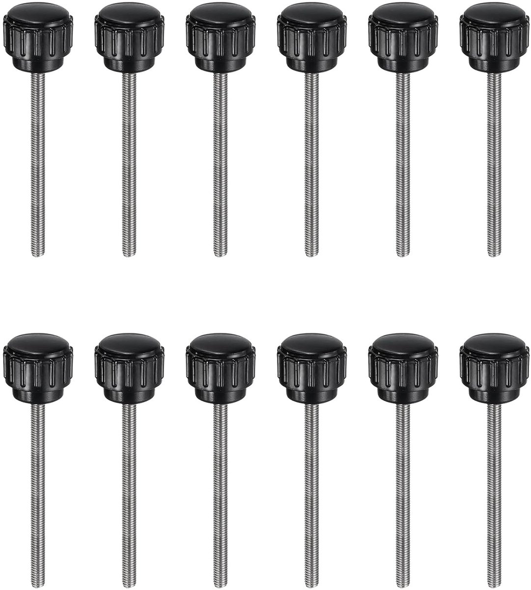 12 stuks gekartelde spanknoppen M3 x 45 mm metrisch 304 roestvrij staal mannelijke schroefdraad duimschroef op type 14 mm kunststof ronde kop draadstift knoppen zwart