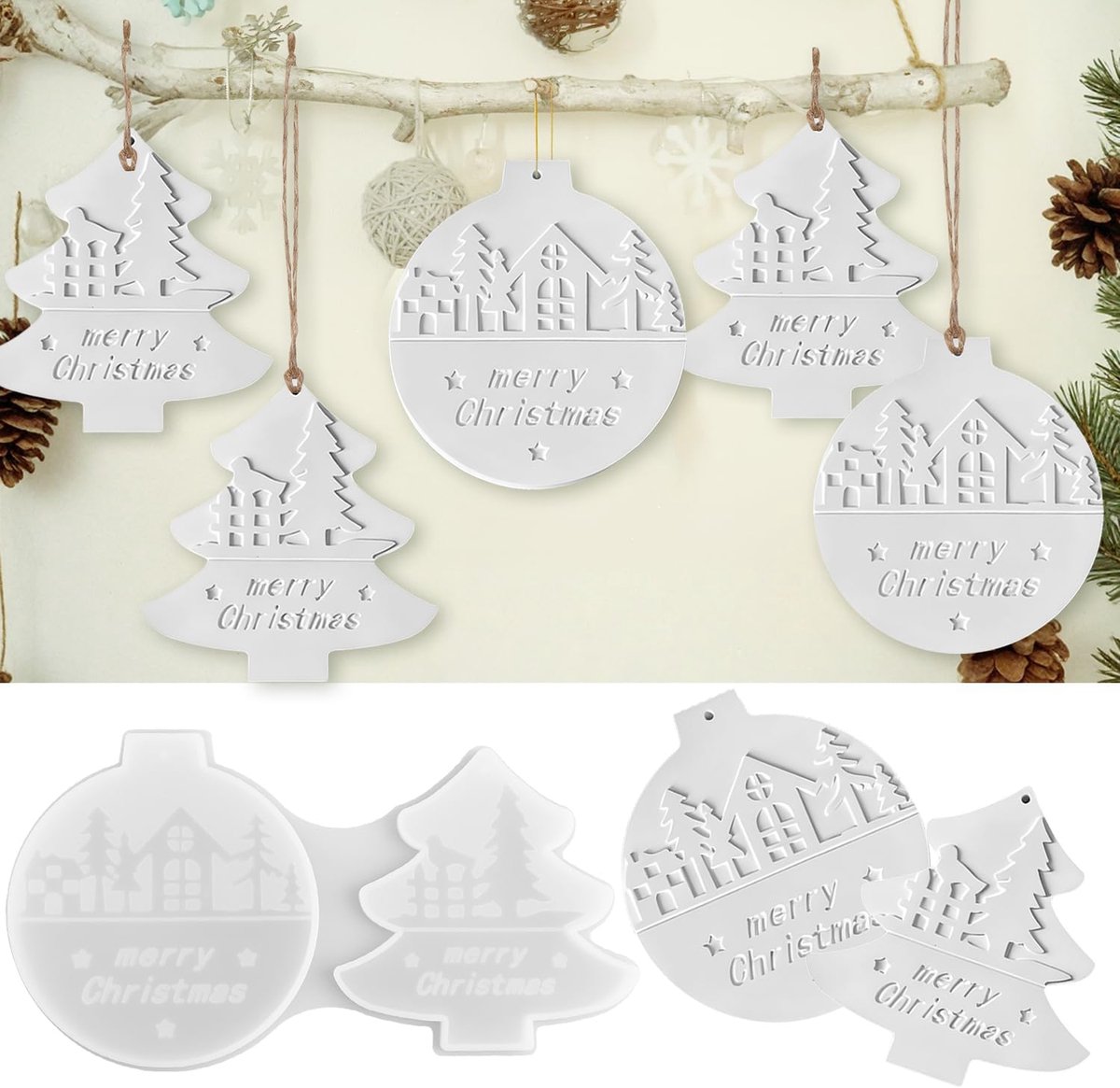 Mallen voor kerstdecoraties, set van 2 gipsmallen met boom, ster en huis