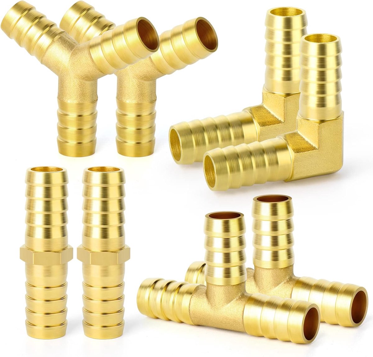 8 Stuks 8mm Inch Messing Slangpilaar Set, 90 Graden L Haakse Elleboog, Y-vorm Luchtslangpilaar, T-stuk Slangpilaar, Brandstof/AIR/Water/Olie/Gas/WOG