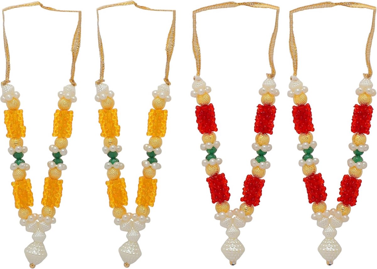 Set of 4 Mala Artificial Bead Ribbon Garland Small Idol Mala Pooja Sringar Article Ornament Indian Traditional Festival Holi Decorations Home Decor God Frame Housewarming(Size:-3")(Red,Yellow)