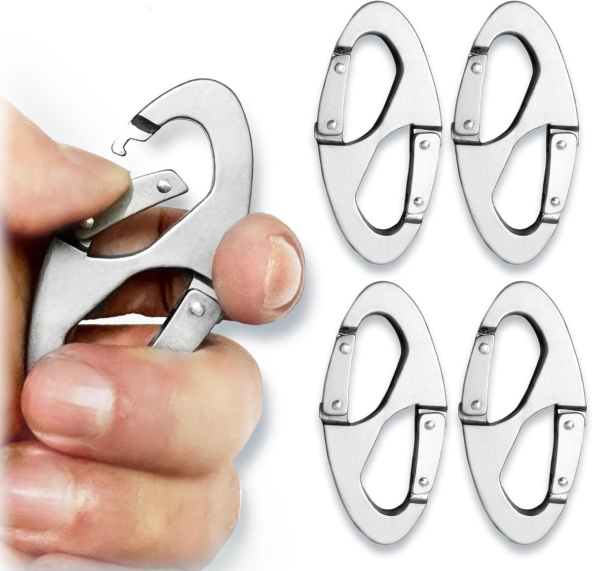 4 Stuks Zilveren S Vorm Karabijnhaak, Sleutelhanger en Multifunctioneel, Metaal, Perfect voor Thuis, Wandelen, Outdoor, Kamperen, Vissen, Rugzak