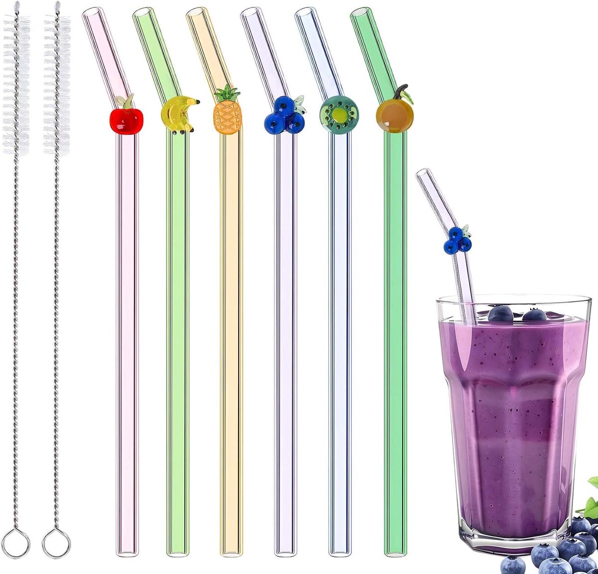 Rietjes met 2 reinigingsborstels, schattige kleurrijke fruitrietjes die bestand zijn tegen verbrijzeling, herbruikbare rietjes voor gunsten, fruitliefhebber, sap, zomerstrand