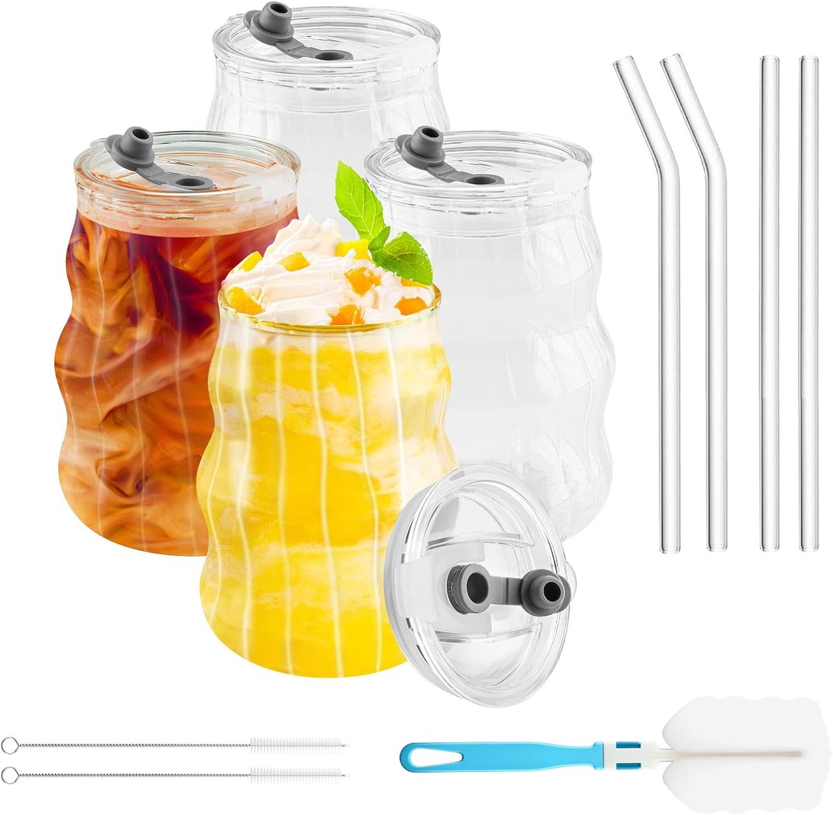 4 stuks drinkglazen met deksel en straam, 450ml cocktailglazen set met tassenborste en drinkborste, Matcha glazen Geschikt voor de vervaardiging van ijs, ijskoffie, Latte