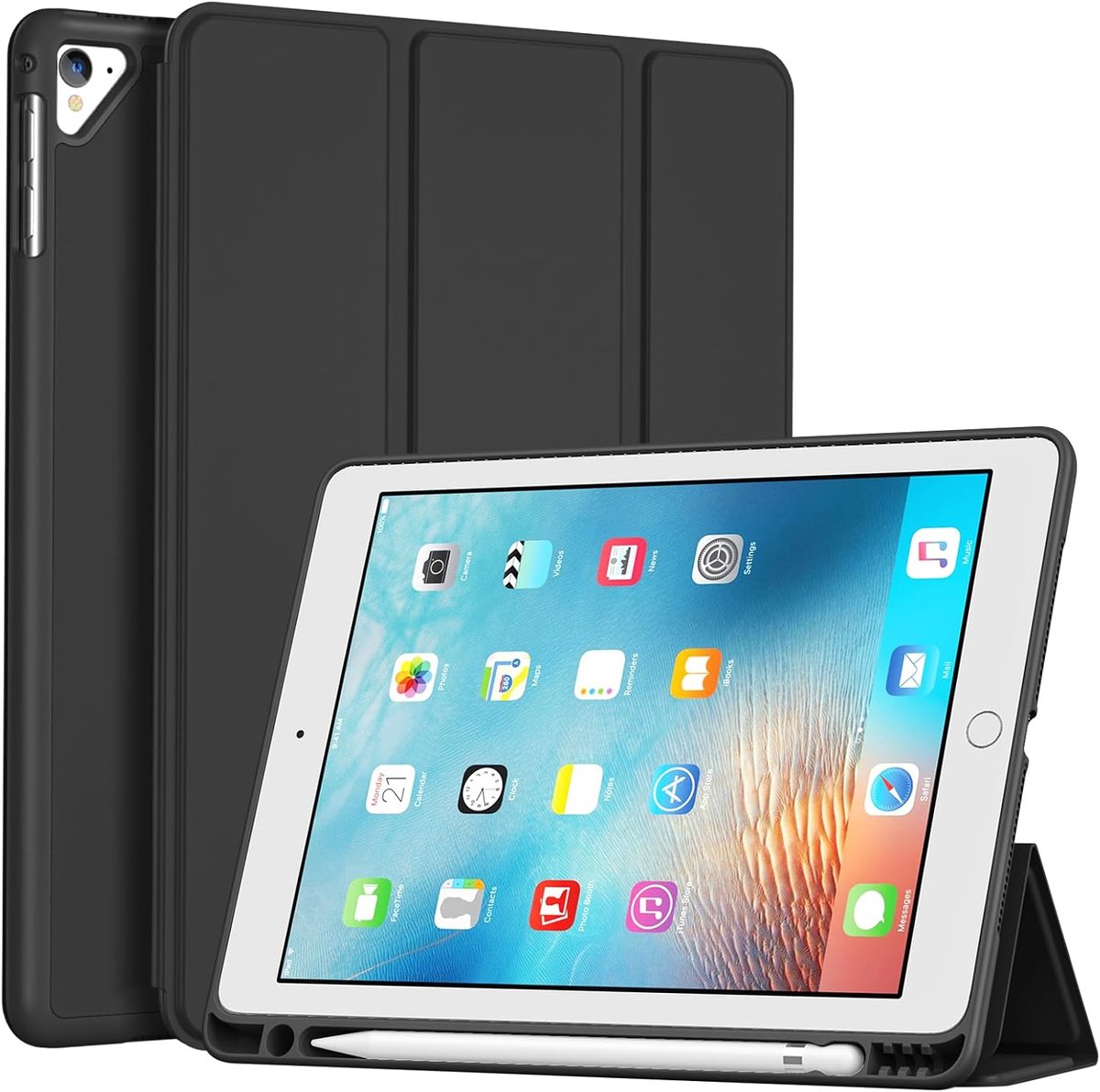 Slanke hoes voor 9.7" iPad 6e generatie 2018/iPad 5e generatie 2017, zachte TPU hoes achterkant met potloodhouder Smart Folio beschermhoes -zwart