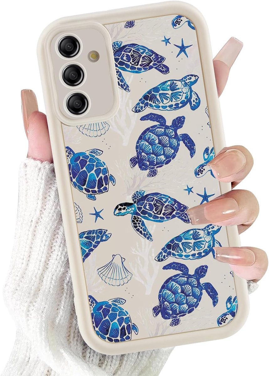 Beschermhoesje voor Samsung Galaxy A35 5G 6,7 inch, witte zachte siliconen telefooncase, esthetisch blauw schildpadpatroon, bescherming, camera, stootvast, voor meisjes en vrouwen