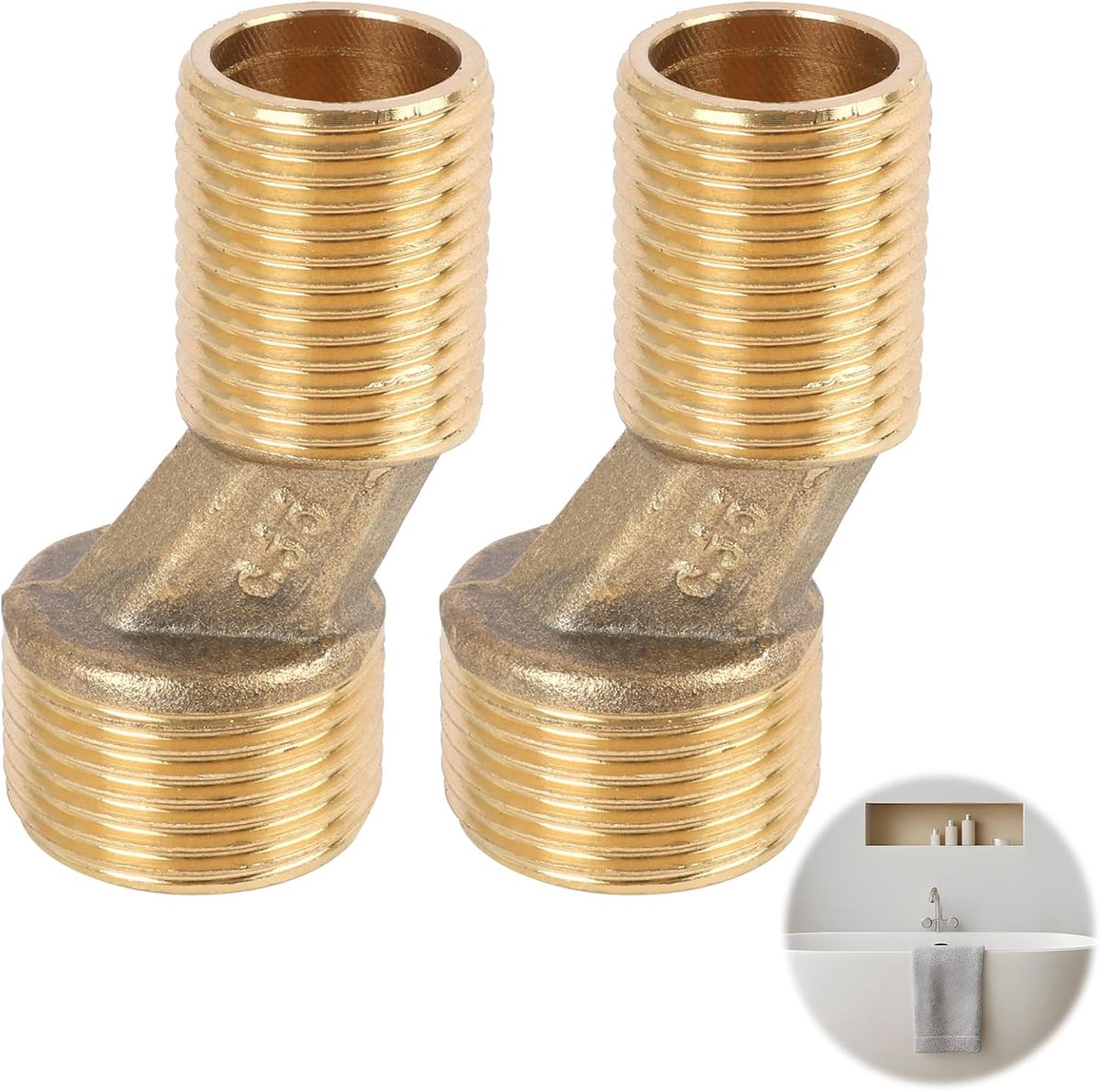 Set van 2 S-aansluitingen voor wandarmaturen, compatibel met 3/4 inch x 1/2 inch, offset 12,5 mm, van duurzaam messing, ideaal voor keuken- en badkamerinstallaties, eenvoudige montage