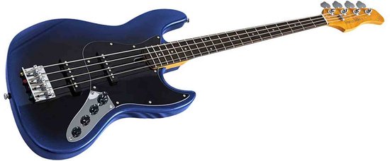 Donkerblauwe basgitaar met zwarte slagplaat, vier snaren en zilveren hardware.