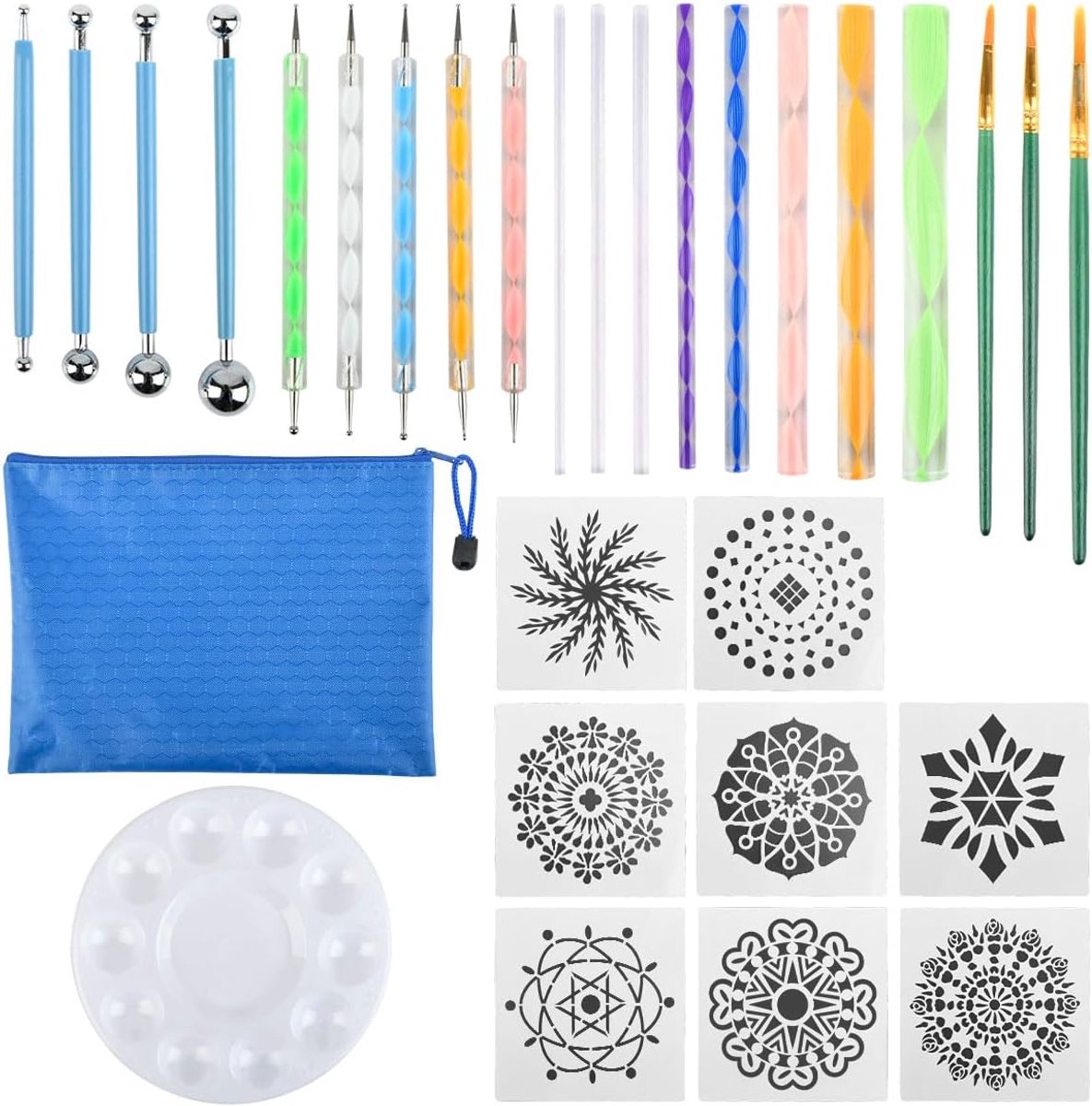 30-delige mandala-set voor mandala-schilderen, mandala-schilderen, sjablonen, palet, punteerstiften, acrylstokken, voor rotsschilderen, nail art