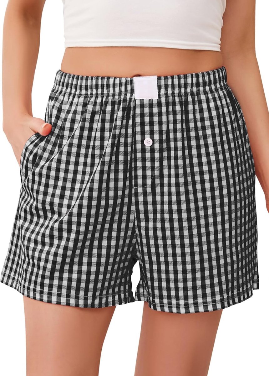Geruite slaapshorts voor dames, korte zomerpyjamashorts, zacht, korte pyjamabroek voor dames, met zakken, zwart, XXL
