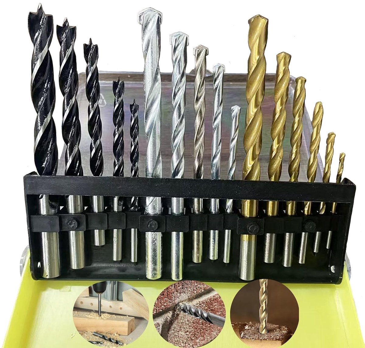 16 stuks metaalboren, inclusief 5 set houtboren, 6 stuks HSS-boren, 5 set steenboren, voor gebruik op hout, metselwerk, beton, zachte metalen, kunststoffen en multiplex