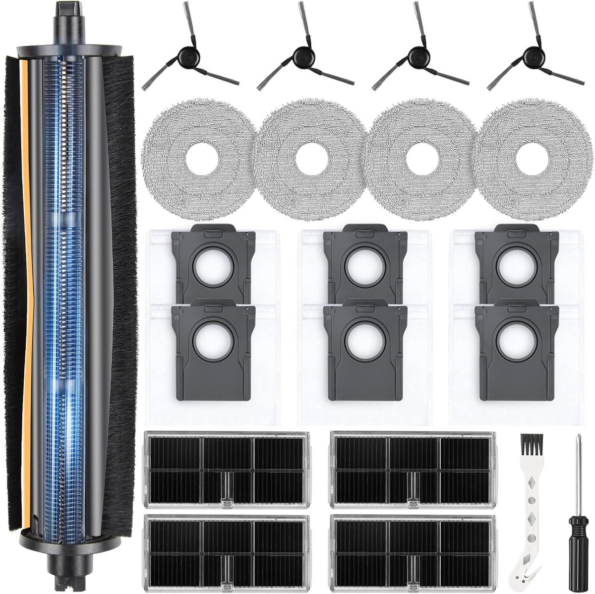 TriCut-borstel-accessoire voor de Dreame X40 Ultra Complete / L40 Ultra / X40 Master / L10s Ultra Gen 3 / Mova P50 Pro Ultra robotstofzuiger, 6 stofzakken, 4 zijborstels, 4 reinigingsdoeken, 4 filters