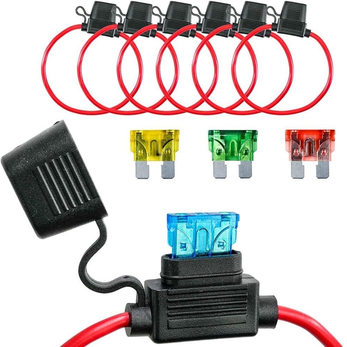 6 Stuks 10 AWG Zekeringhouders voor Auto, Vrachtwagen, Motorfiets - Waterdicht met Inline Platte Zekeringen, Koperen Kabel, Standaard Zekeringen voor Boot, 2 x 20 A, 2 x 30 A, 2 x 40
