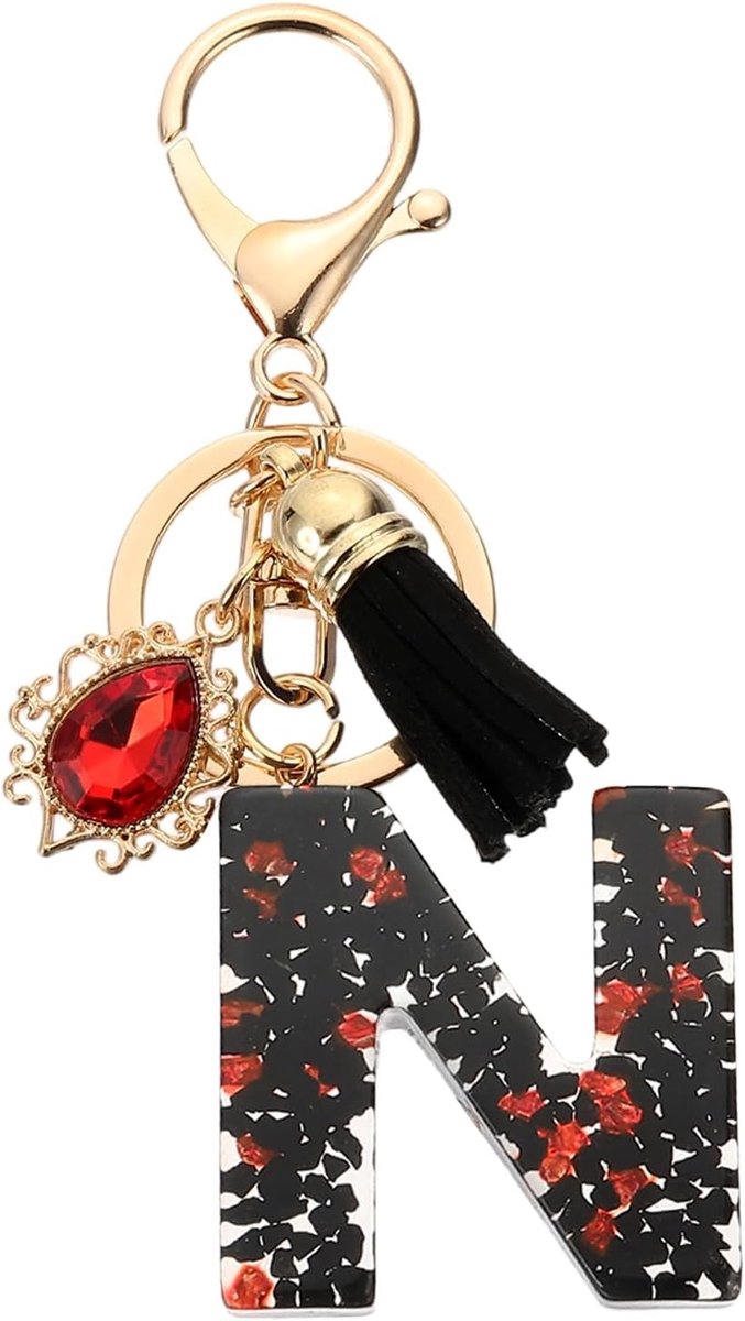 Initial Letter N Sleutelhangers, Hars Alfabet Sleutelhanger met Kwastje DIY Hanger Sleutelhanger voor Vrouwen Tas Charm Purse Gift Handtas Rugzak, Zwart/Rood