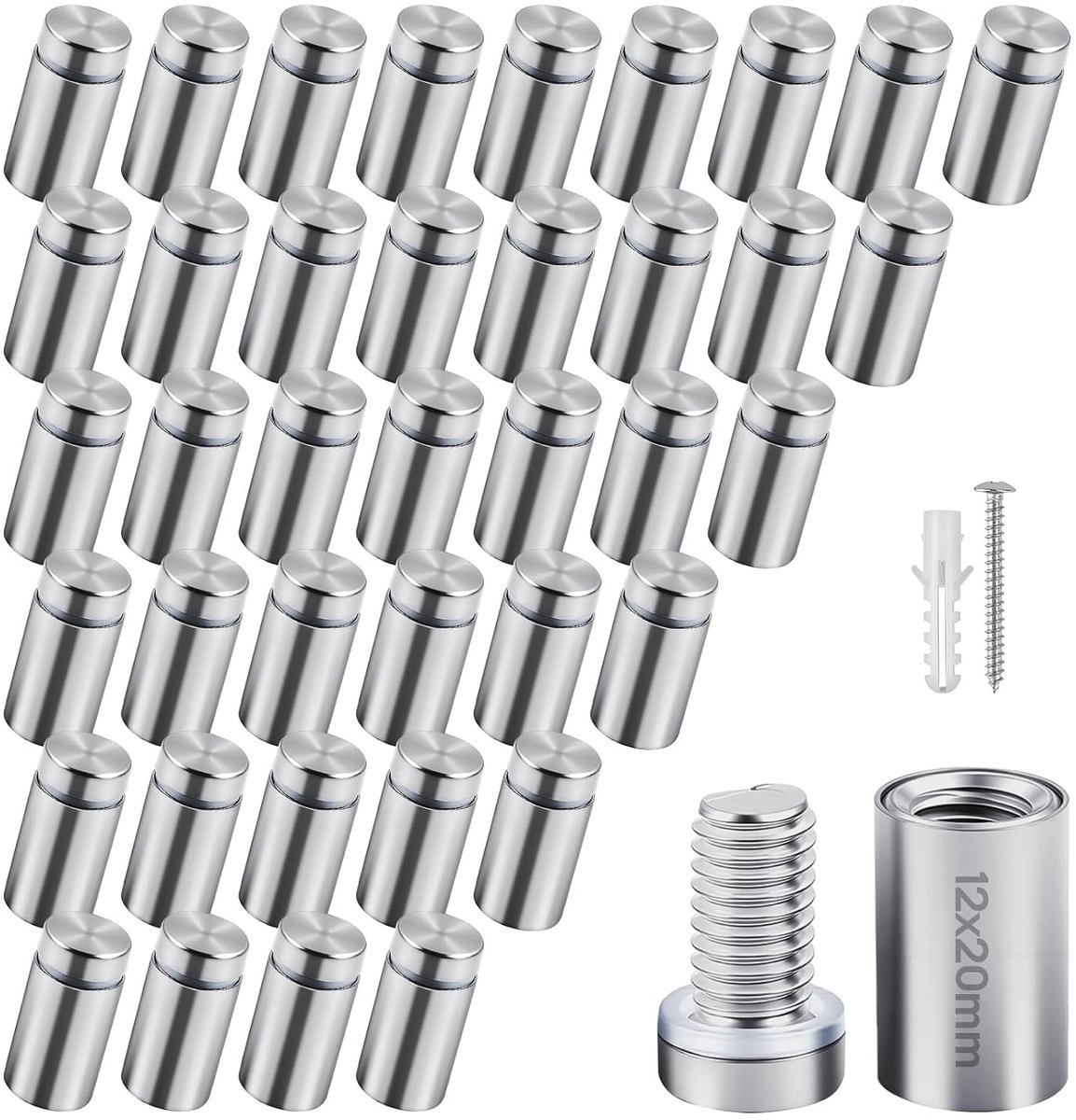 40 stuks 12 x 20 mm roestvrij stalen reclameschroeven, nagelbordjes, wandafstandhouder, schroefhouder voor reclame, nagels, glas, standoff houder met schroeven en rubberen stop voor borden