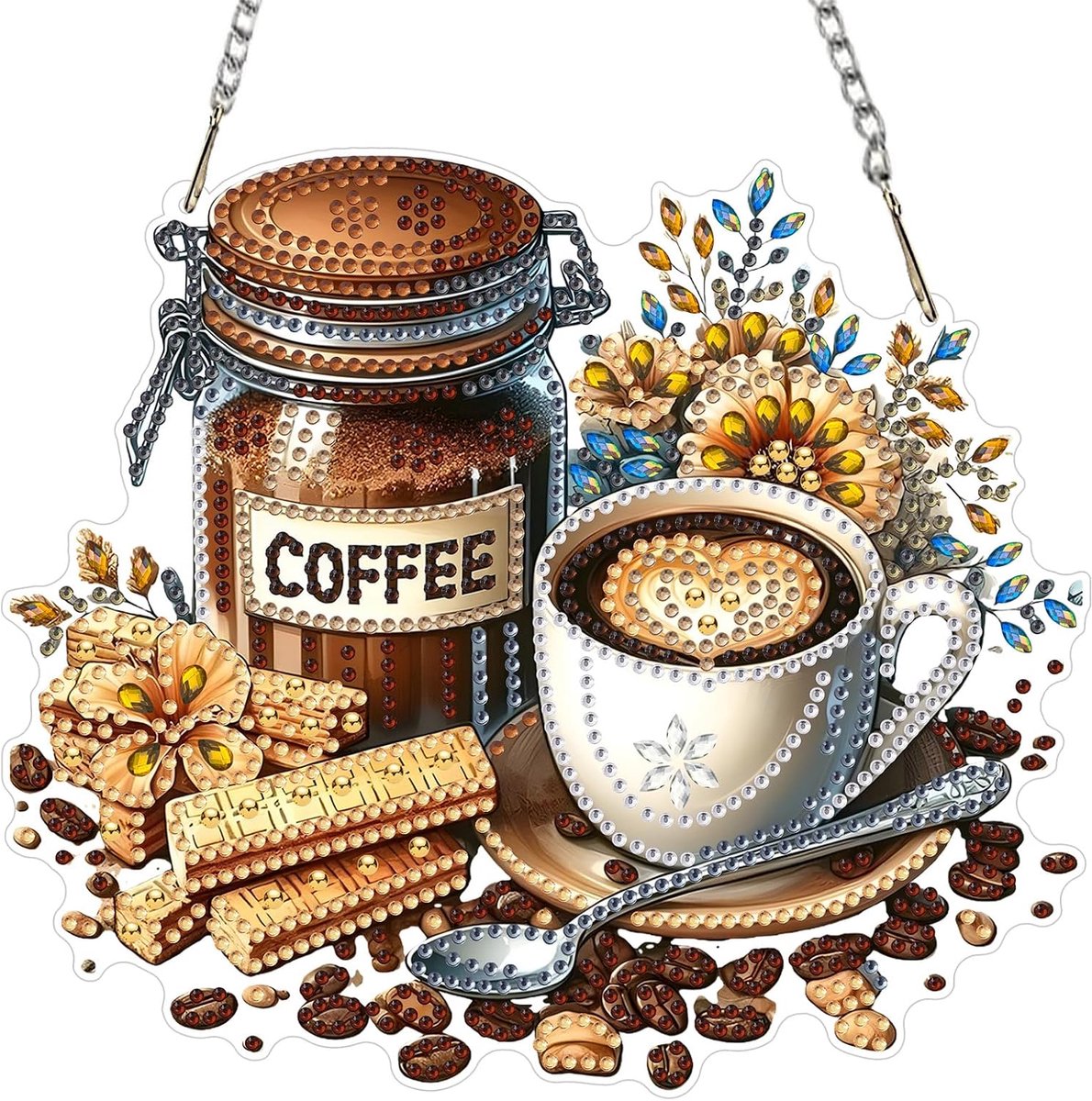 Koffie diamant kunst opknoping kits voor volwassenen met ketting, speciaal gevormde diamant schilderij ornamenten kits, doe-het-zelf edelsteen kunst hanger geschenken voor thuis deur muur decor