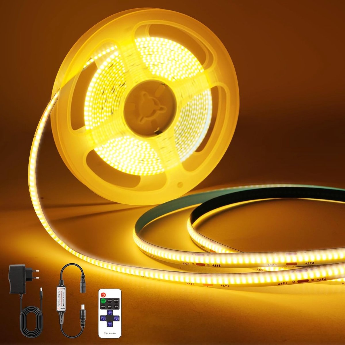 LED-strip 2700K warm wit, 1 m dimbaar, 24 V flexibele COB LED-stripverlichtingsset, 320 LED's/m, met RF-afstandsbediening, voor onder kasten, tv, keuken, woonkamer, doe-het-zelf
