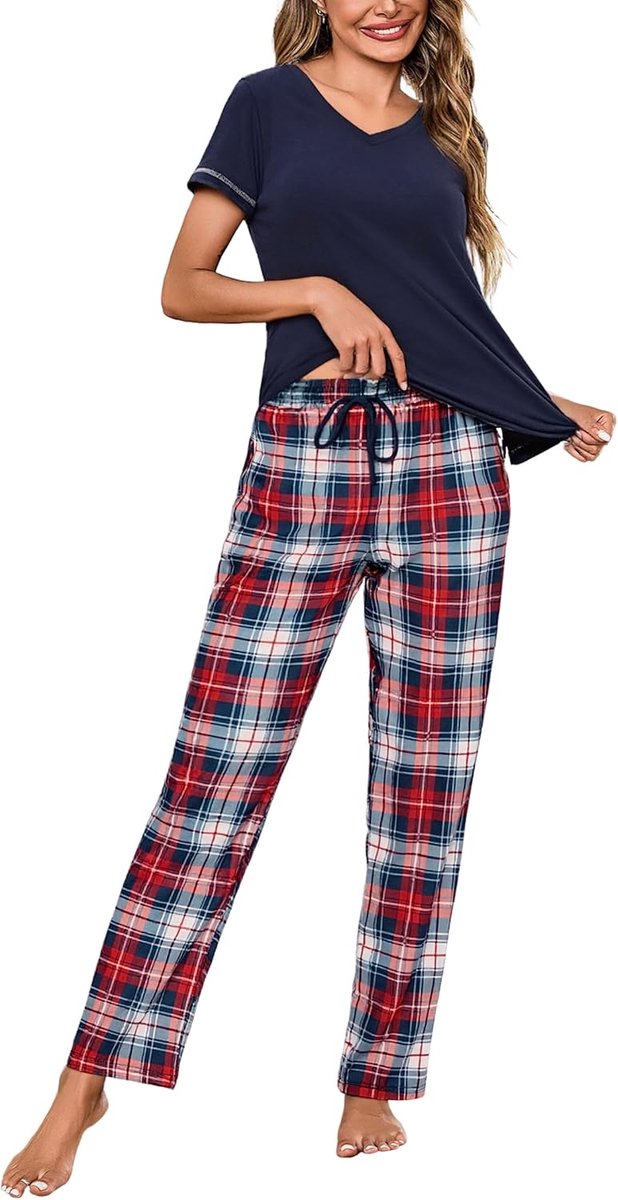 Damespyjama-set met korte mouwen, katoenen pyjama, loungewear, zachte nachtkleding, nachtkleding, set met zakken