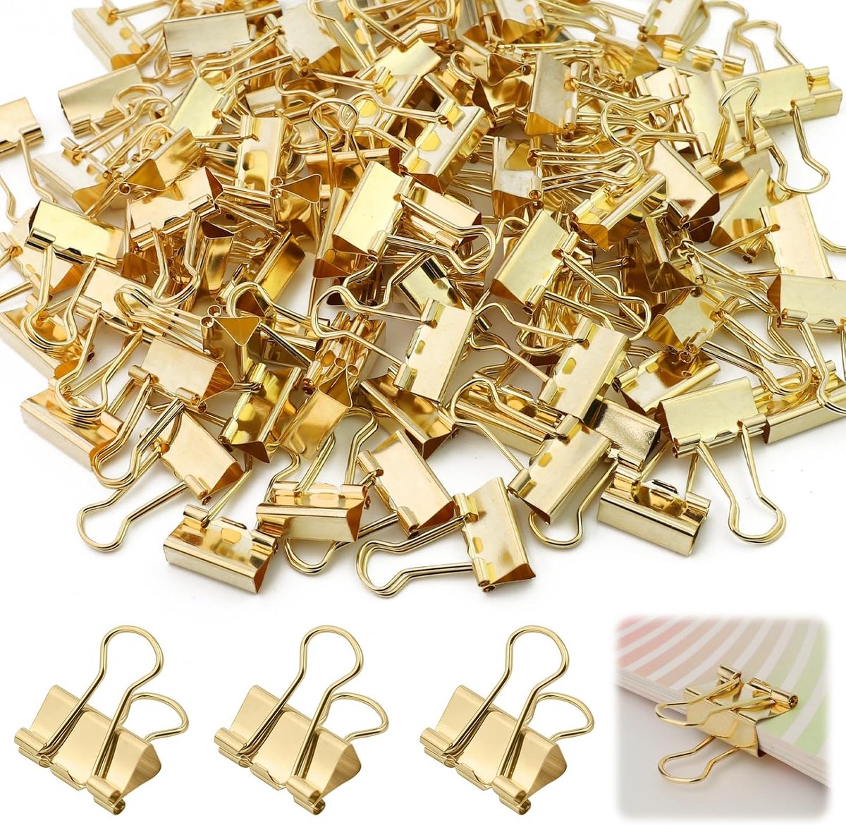 100 stuks foldback klemmen, 19 mm, metalen klemmen, documentklemmen, papierklemmen, kleine klemmen, metalen binderclips, multifunctionele klemmen, paperclips, gouden ordnerclips voor kantoor, school