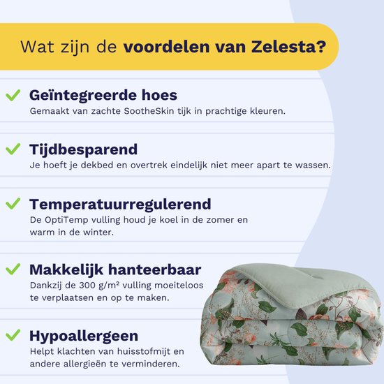 Gevouwen dekbed met bloemenprint in groen en roze. Voordelen: Geïntegreerde hoes, tijdbesparend, temperatuurregulerend, makkelijk hanteerbaar, hypoallergeen.