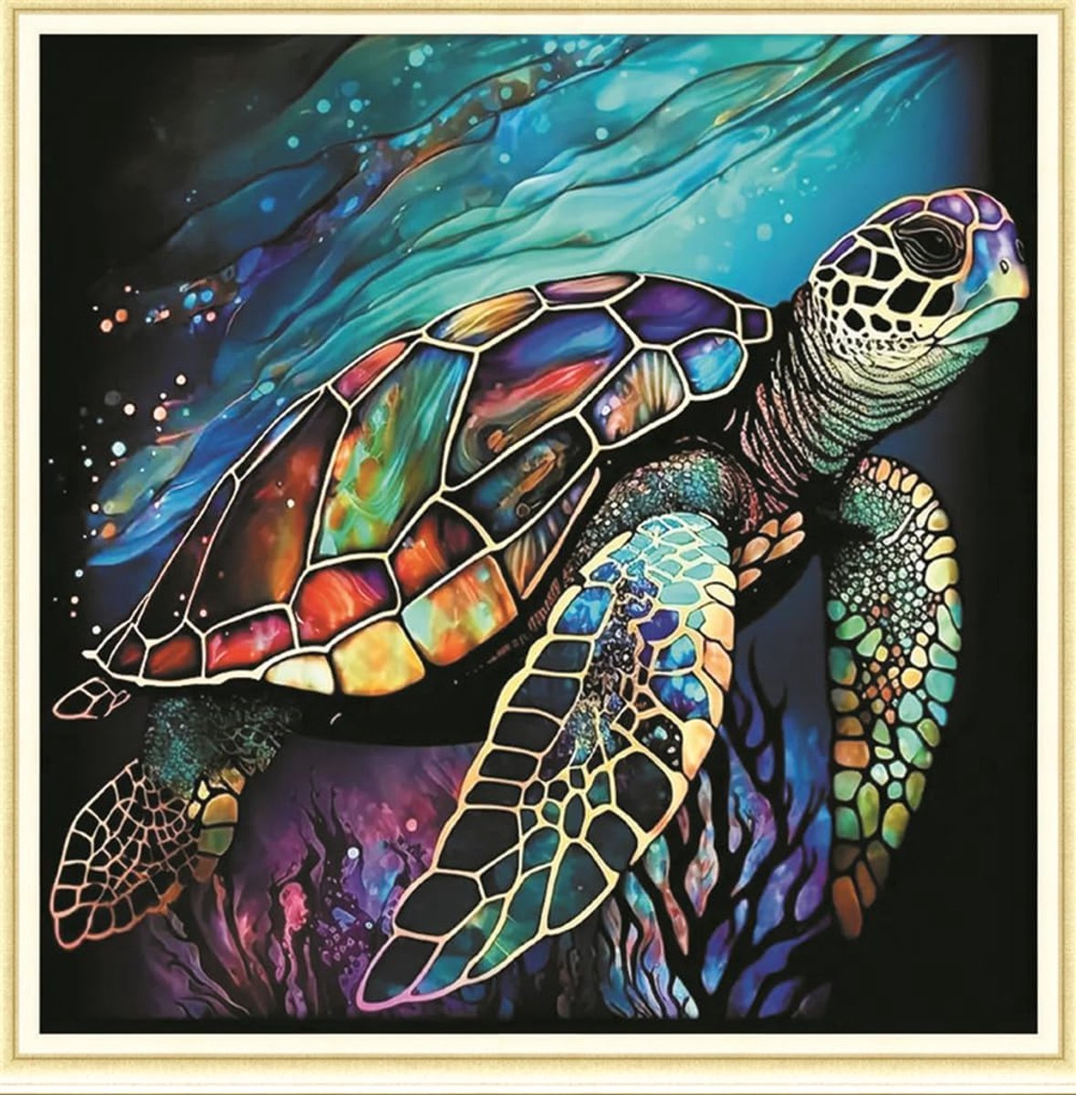 Kruissteekset, 11-dradig, reliëf, schildpad, dieren, zee, borduurset met accessoires, voorbedrukt (36 x 36 cm) (schildpad)