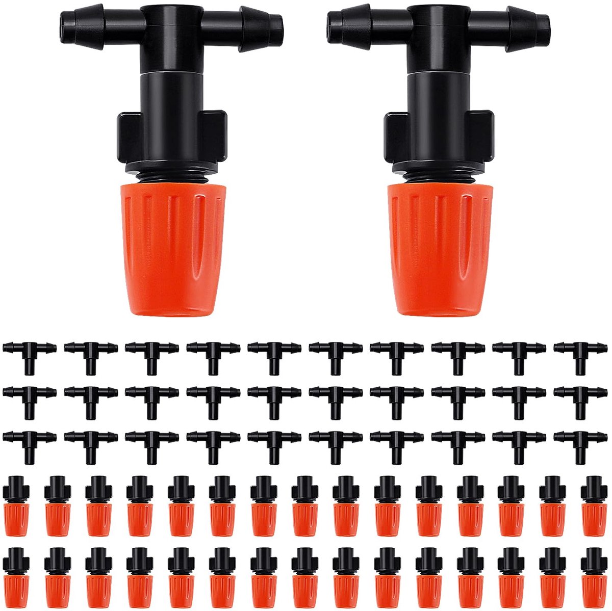 30 Stuks 1/4 Inch Verstelbare Irrigatie Druppelsproeiers, Micro Emitter Druppelaars T-stuk, Micro Watering Sprinklers voor Tuin, met T-stuk, voor 4/7mm Tuinslang, Oranje