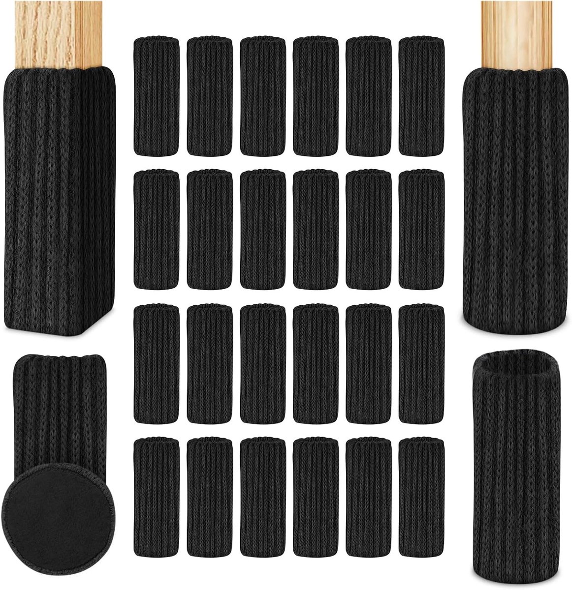 Stoelsokken, elastische meubelsokken, gebreid, vilten stoelpootdoppen, dikke onderkant, antislip pads voor meubels, tafel, vloerbescherming, voorkomt krassen en geluiden, zwart, 24 stuks