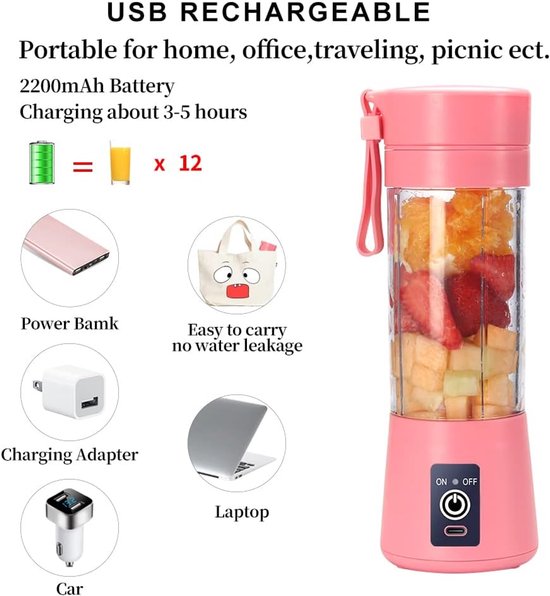 Blender, Persoonlijke Juicer Cup, 380 ml Handheld Fruit Mixer Machine USB Oplaadbaar met 6 Power Blades Travel Blender voor Smoothies en Shakes (Roze) van Blender — afbeelding 4