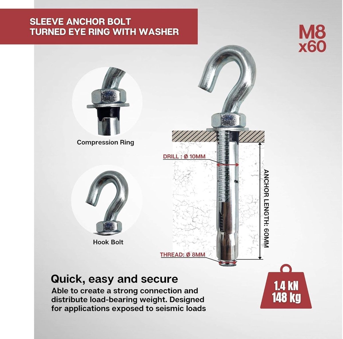 Industrial |Metalen expansie-ankerpluggen met haak | M8x60 | PACK 10 | Betonpluggen, muur, metalen platen | Muurstijlen, Expansieve schroef, Ankerbouten, fraudebestendig