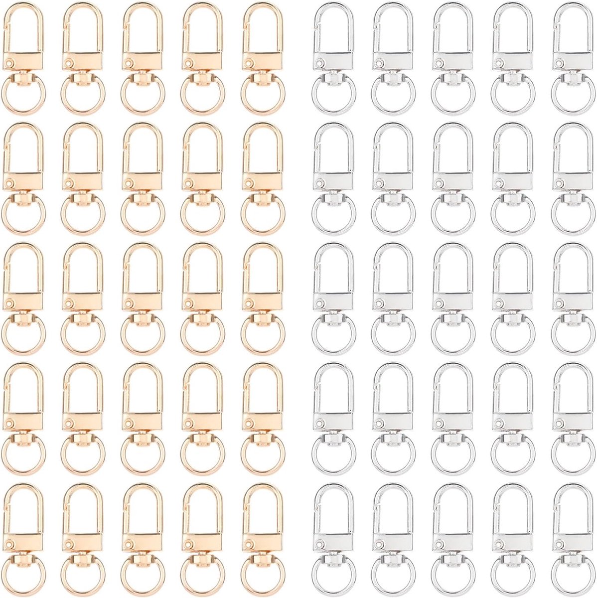 50 stuks sleutelhangers, metalen karabijnhaken, karabijnhaken met draaischarnier, sleutelkarabijnhaak, sleutelhanger, klein, zilver en goud, voor doe-het-zelf