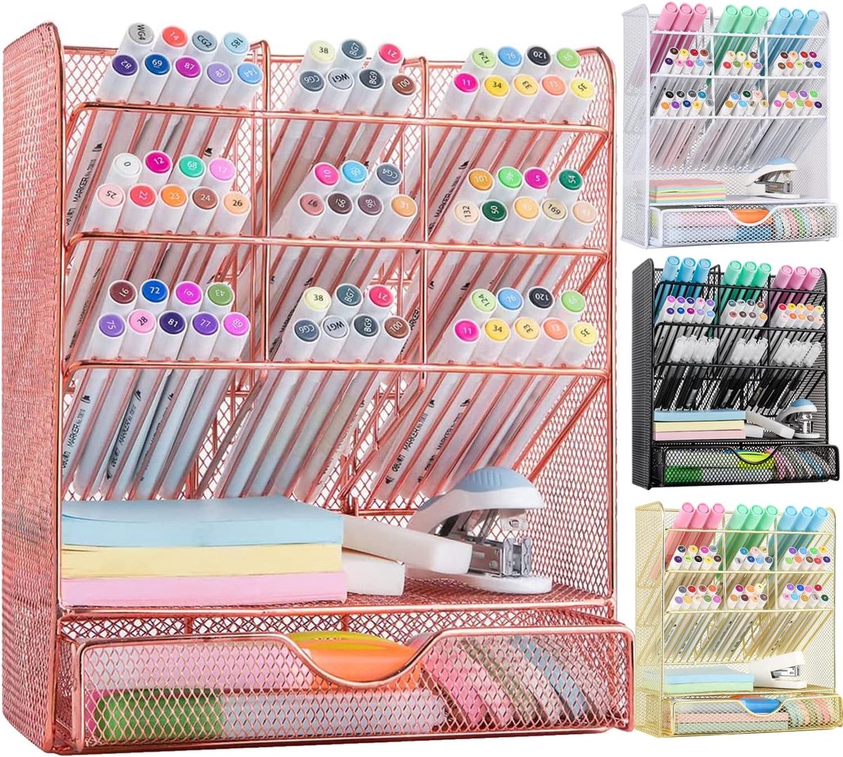 Penhouder bureauorganizer - bureauorganizers en accessoires, potloodhouder met 10 compartimenten en 1 lade (roségoud)