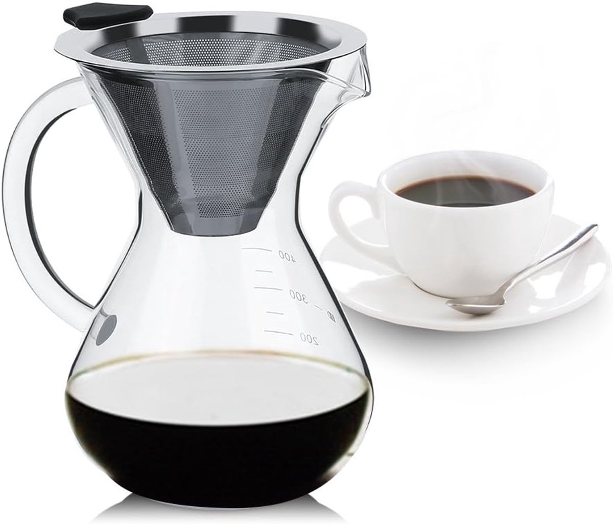 400 Ml Giet-over-koffiezetapparaatset - Handdruppelkoffiezetapparaat Filterpot met Schaal en Herbruikbare Roestvrijstalen Druppelfilter voor Kantoor Thuis