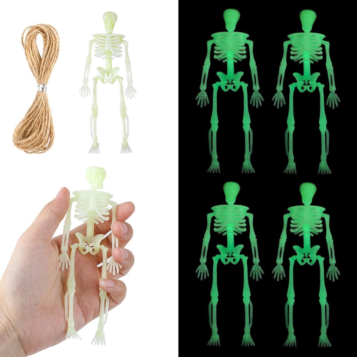 8 stuks Halloween-skelet, licht mini-skeletspeelgoed, 3 meter henneptouw, geschikt voor Halloween-decoraties en rekwisieten voor spookhuizen