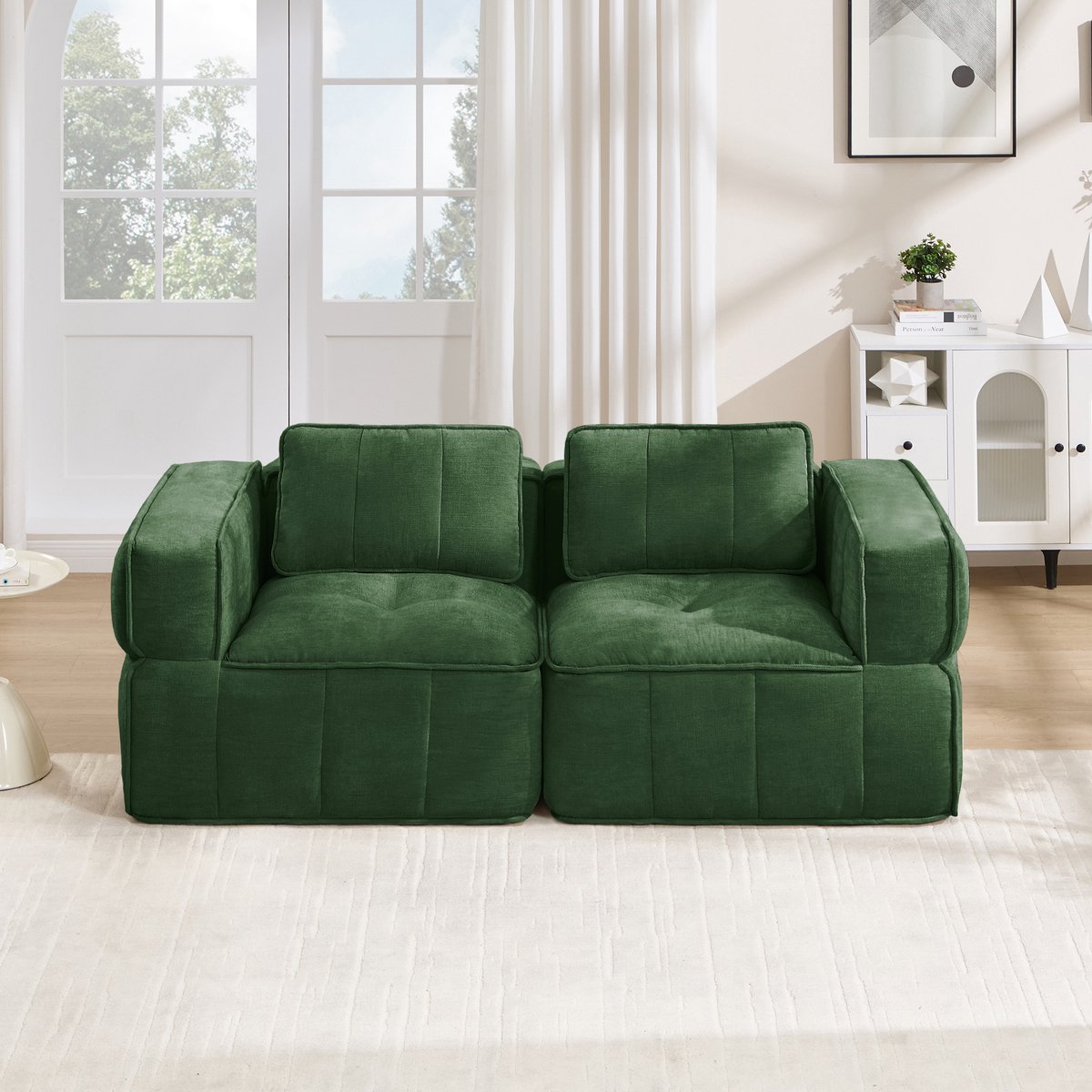 Pugsdrly Moderne tweezitsbank, modulaire hoekbank zonder frame, 32D-schuim met hoge dichtheid, diepe zitting, zachte en comfortabele bekleding, voor de woonkamer en appartementen, geen montage nodig, groen.