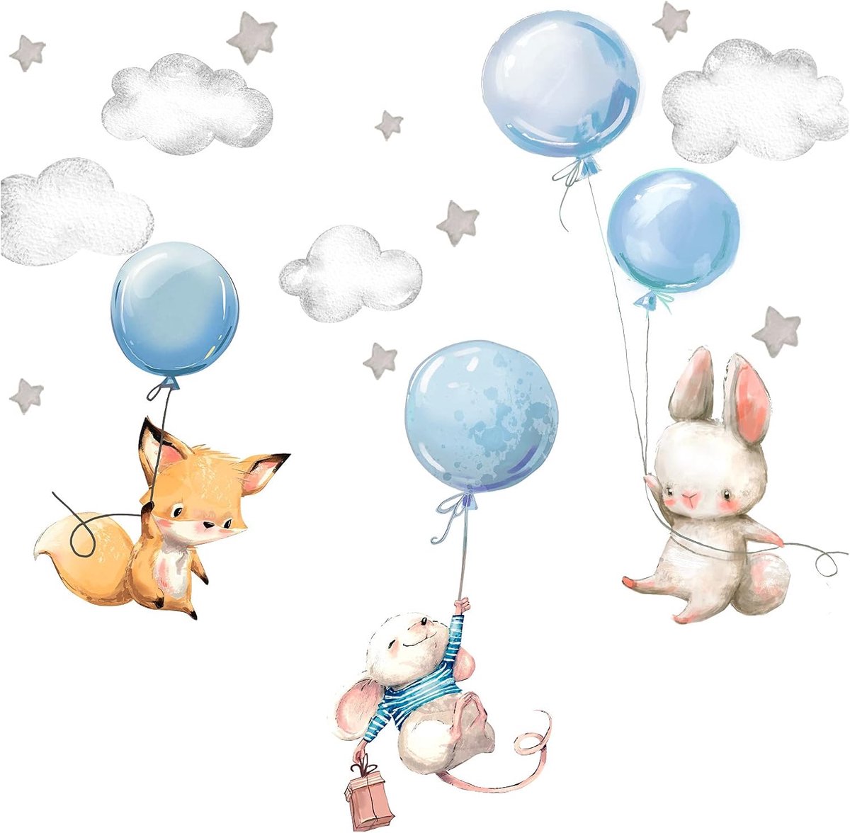 Deco Muursticker kinderkamer muursticker dieren ballon I muurschildering 100 x 58 cm (b x h) I sterrensticker speelkamer baby deco kinderen jongen blauw DL611