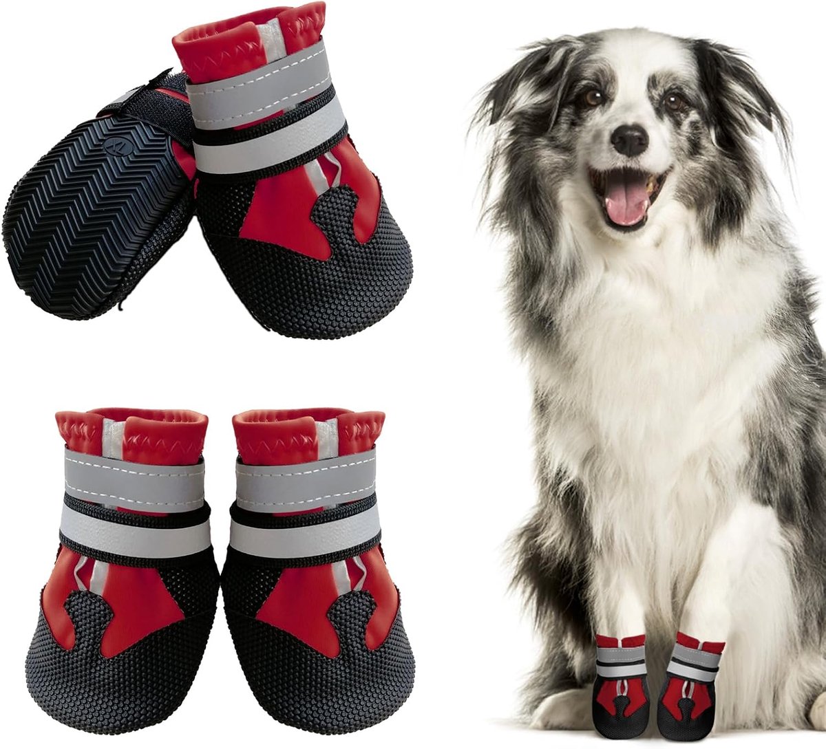 Schoenen, set van 4 waterdichte hondenlaarzen met verstelbare reflecterende bandjes en antislipzool voor kleine, middelgrote en grote honden (M, rood)