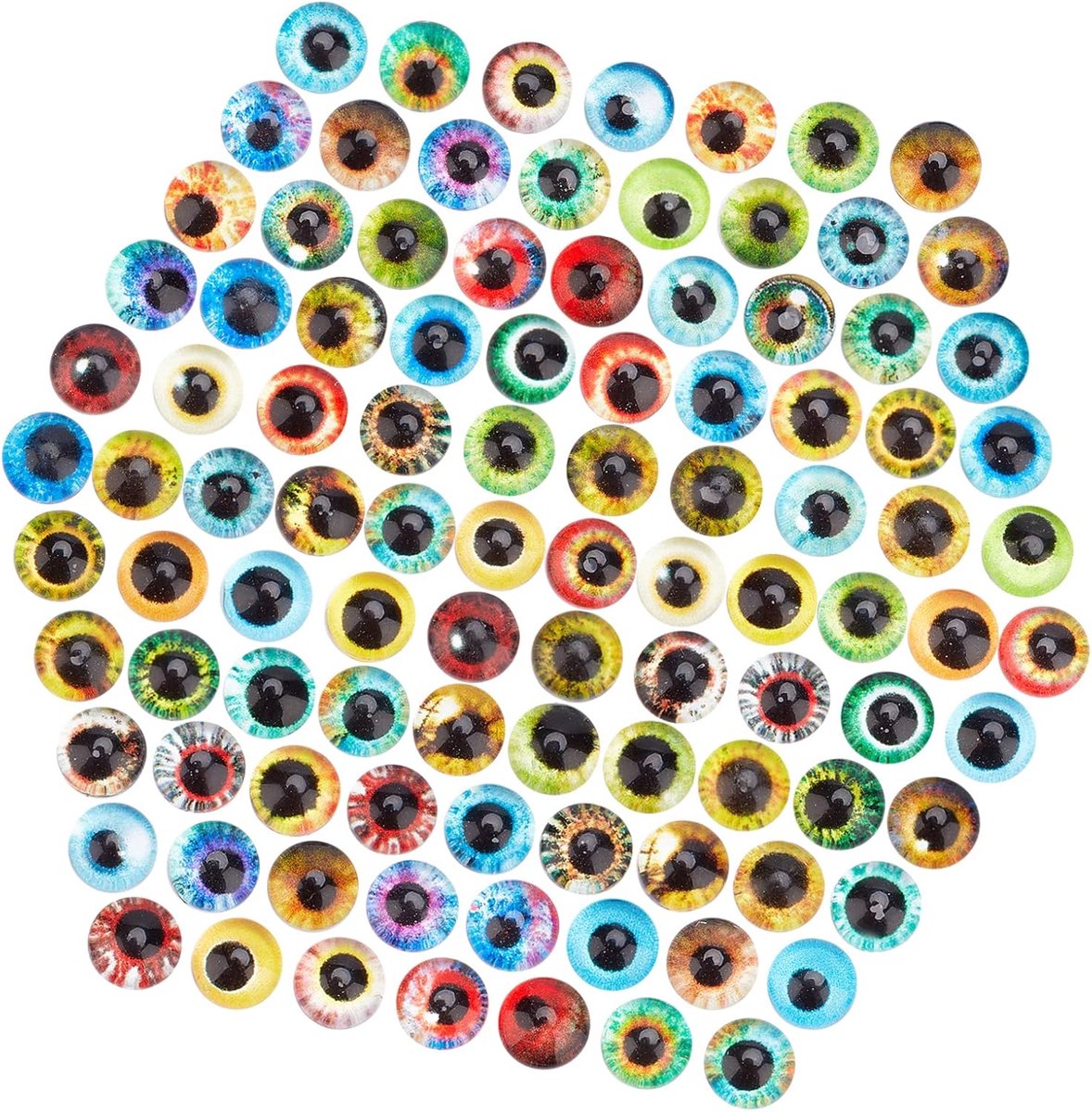 PandaHall 200 stks 50 Stijl Glas Dragon Eyes Lijm op Cabochons, 6mm Glas Cabochons Kat Uil Vogel Menselijke Pupil Ogen Half Ronde Edelstenen voor Kerst Pop Maken Rekwisieten Foto Dome Hanger Trays