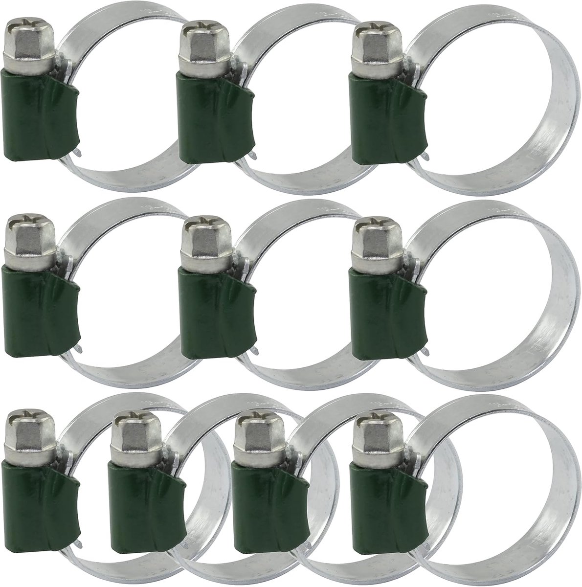 - C63674 - set met 10 klemklemmen met versterkte tangenschroef 8-12 mm - bandklem niet geboord - breedte 9mm - van verzinkt staal - kleur zilver - ventilatie