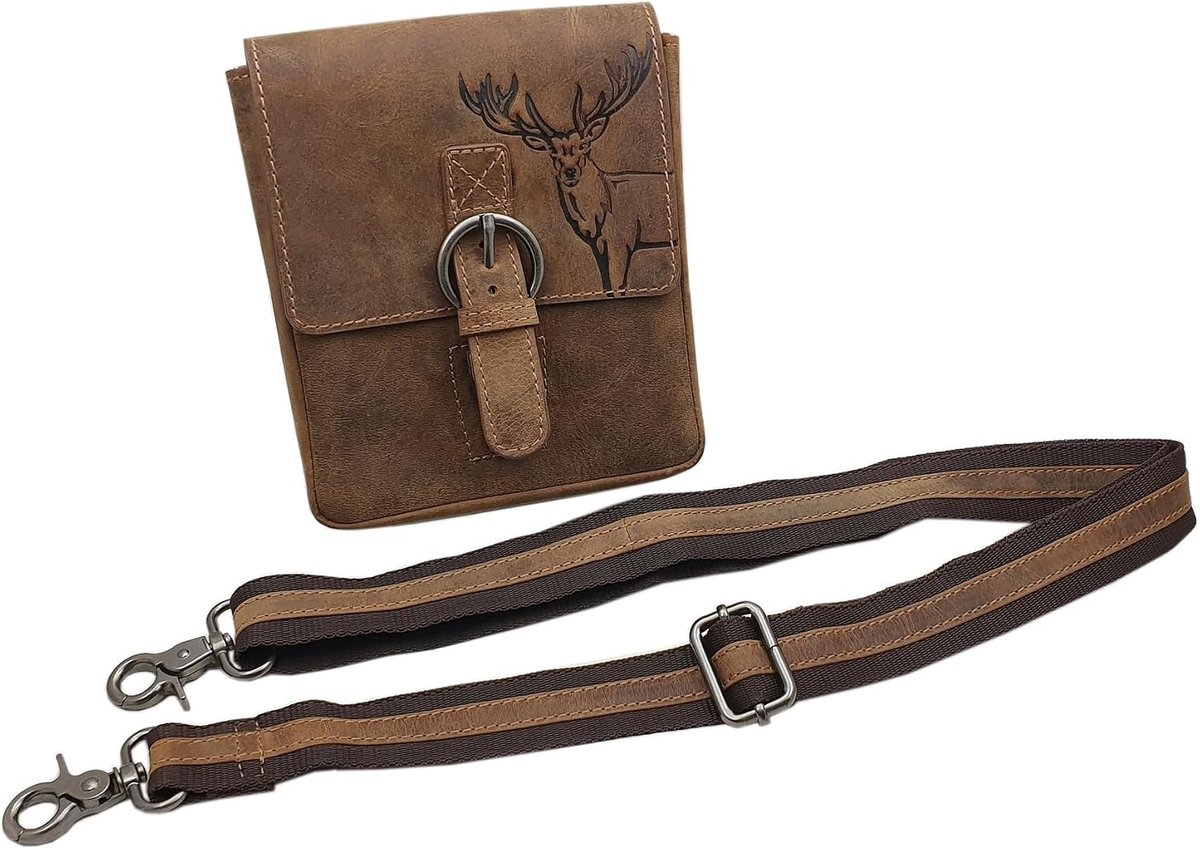 myledershop Handtas van buffelleer (model 1/portretformaat) | hertenmotief, draagriem, tas