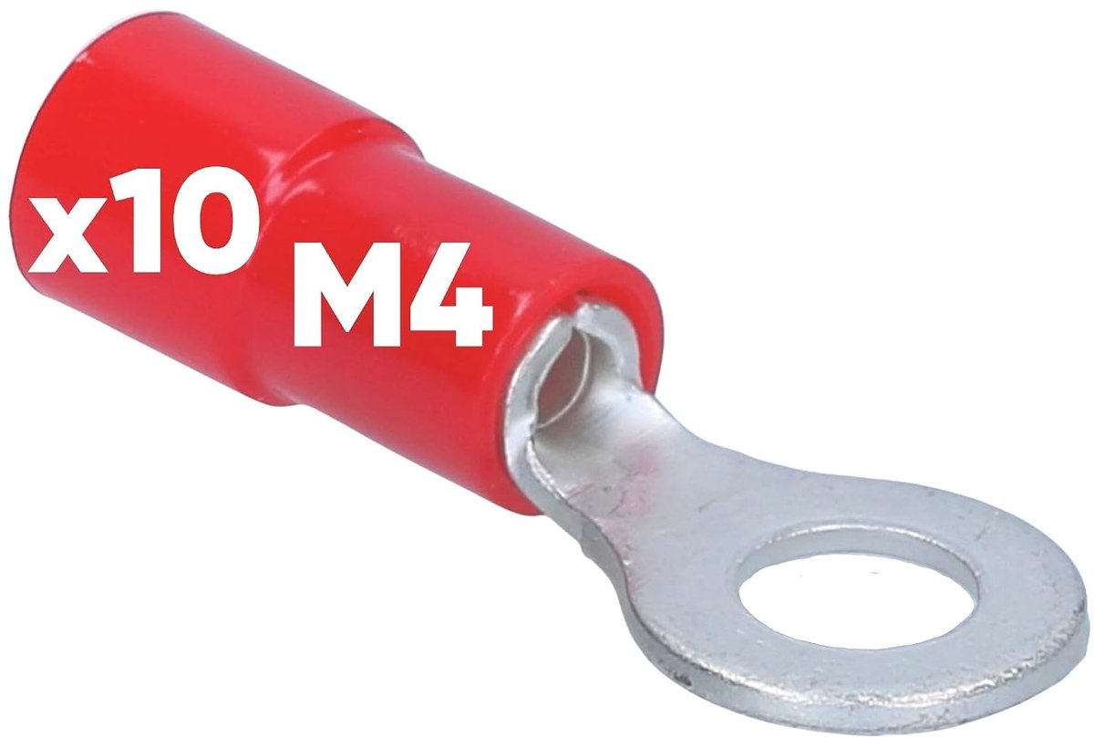 10x Ringkabelschoen 0,5-1 mm² - Deels Geïsoleerd M4 Rood Koper | Knelkabelschoen met PVC-kraag voor kabelverbinding. Veilige knelverbinder en kabelconnector tegen corrosie en kortsluiting.