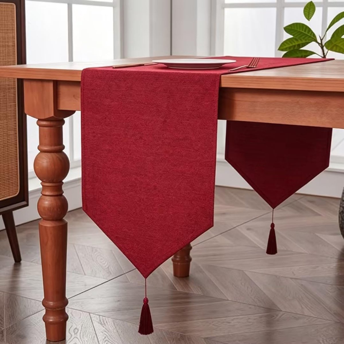 & Falcon Tafelloper, waterdicht, modern, vlekbestendig, voor meubels, met kwastjes, voor thuis, feestjes, Kerstmis, restaurants, rood, 300 x 35 cm