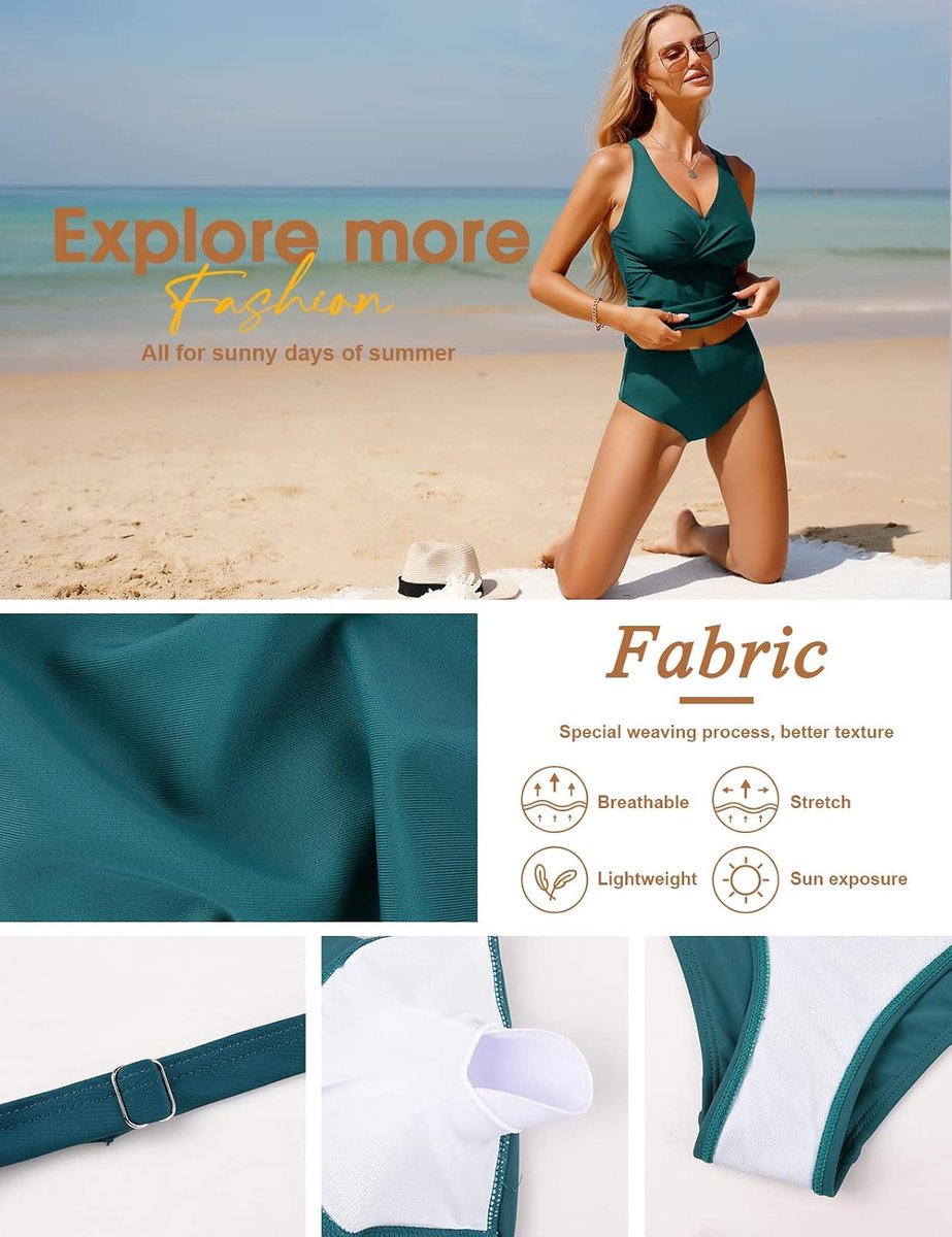Sets voor dames, zwemkleding, buikcontrole, 2-delig badpak, badmode, push up, gewatteerde gekruiste tankinitop met hoog uitgesneden zwembroekje, V-hals